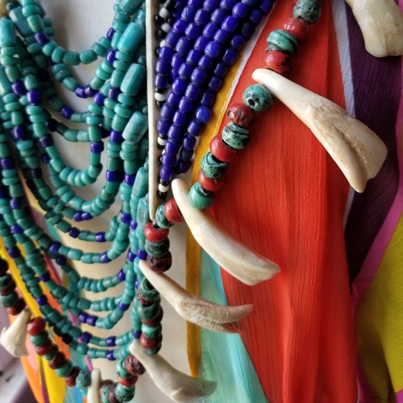 Multi Colored Statement Necklace with Bone Separators & Yak Teeth - Picture 4 of 9